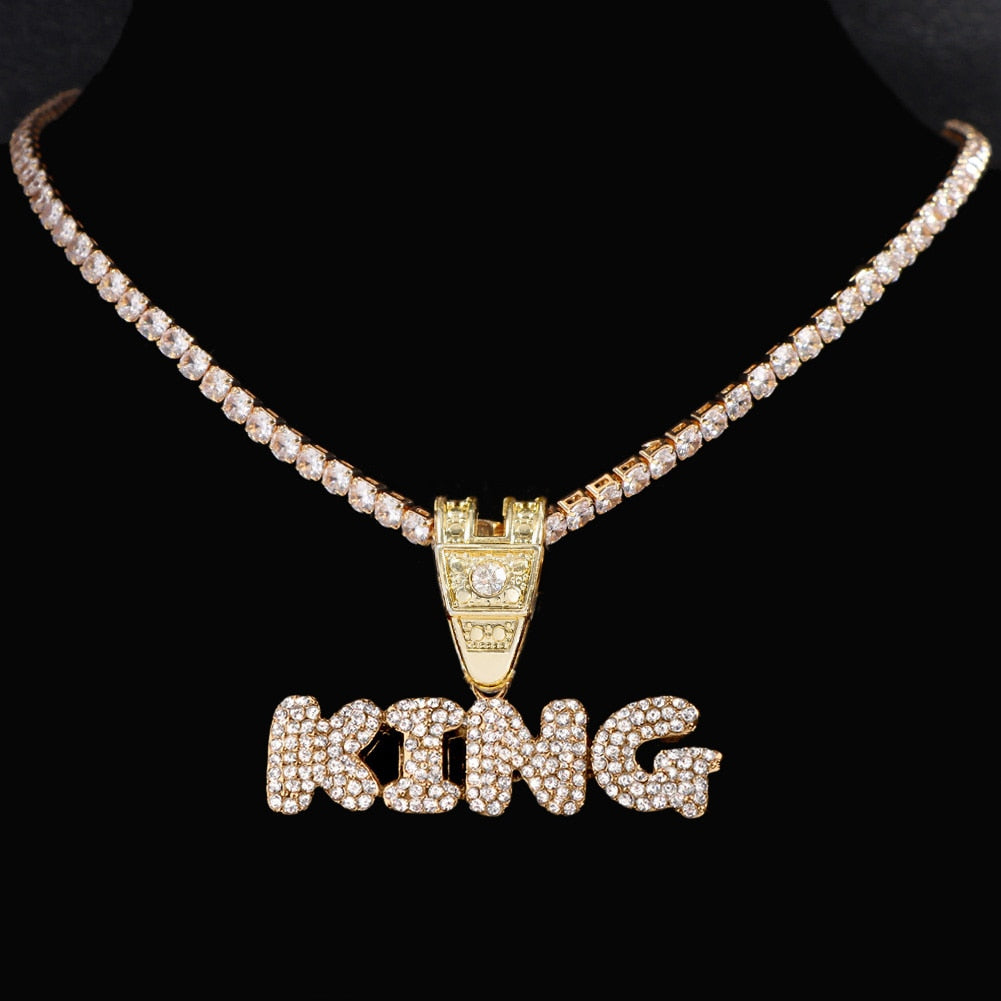 Skhek Men Women Hip Hop KING QUEEN Letter Pendant Necklace Iced Out Crystal Miami Cuban Link Chain Necklace Choker Hip Hop Jewelry