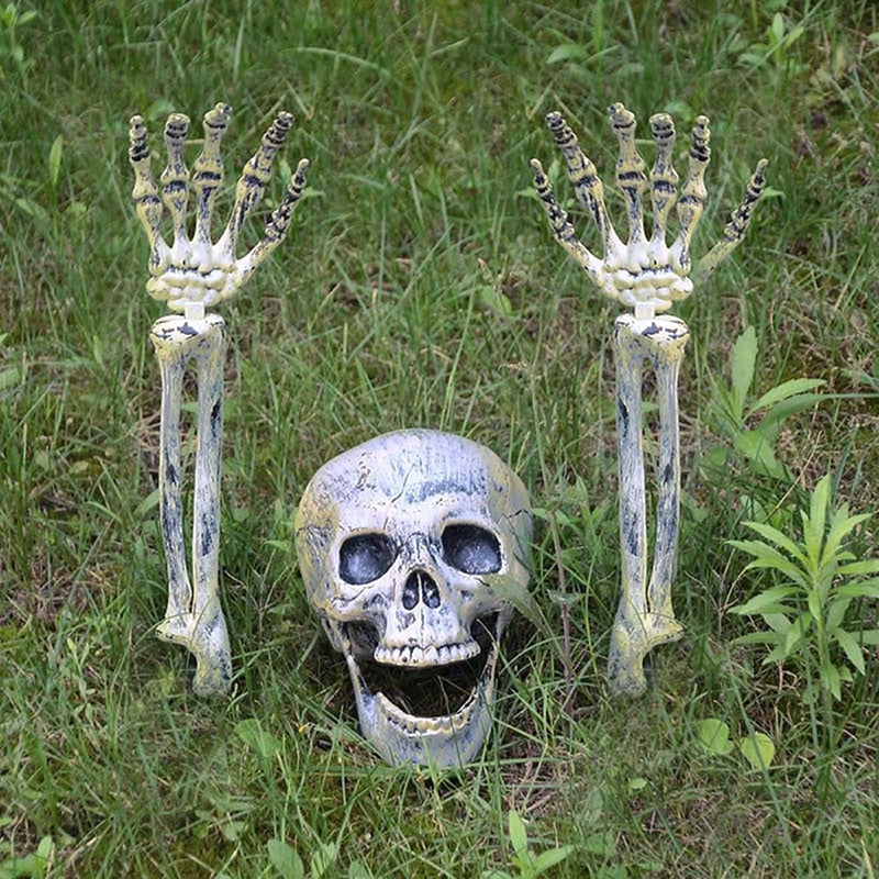 SKHEK Halloween 1Set Halloween Fake Skull Skeleton Human Hand For Home Garden Outdoor Tombstone Decoration Haloween Party Haunted House Props