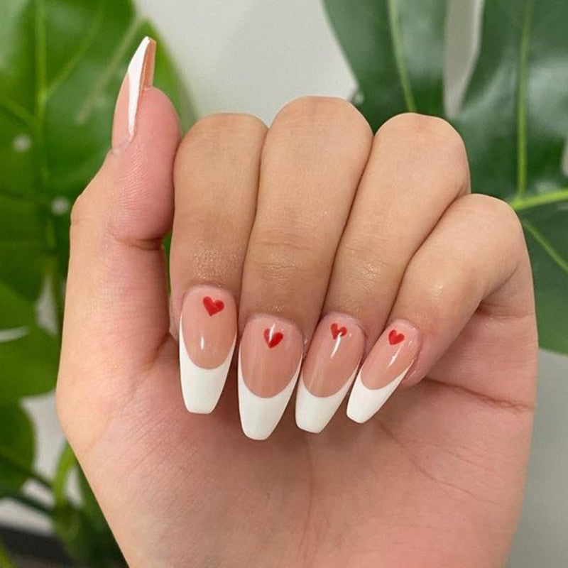 SKHEK Halloween Detachable Manicure Wearable Almond Round Nail Art Simple Press On Nails Red French Temperament Fake Nails With Design