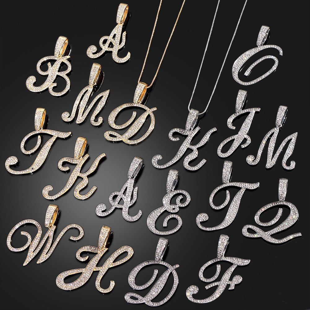 Skhek Bling Iced Out Paved Rhinestone Cursive Letter Pendant Necklace For Women Fashion A-Z Initial Letter Rope Chain Necklace Jewelry