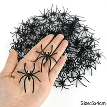 Load image into Gallery viewer, SKHEK Halloween 20/50Pcs Halloween Plastic Black Spider Haunted House Props Spider Web Bar Home Halloween Party Decoration Kids Trick Toys 5X4cm