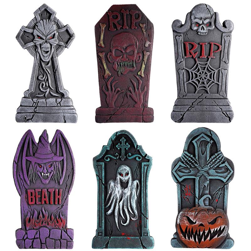 SKHEK 6PCS Halloween Graveyard Tombstone Headstones With Different Styles Metal Stakes For Halloween Cemetery Yard Indoor Outdoor
