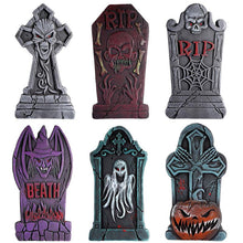 Load image into Gallery viewer, SKHEK 6PCS Halloween Graveyard Tombstone Headstones With Different Styles Metal Stakes For Halloween Cemetery Yard Indoor Outdoor
