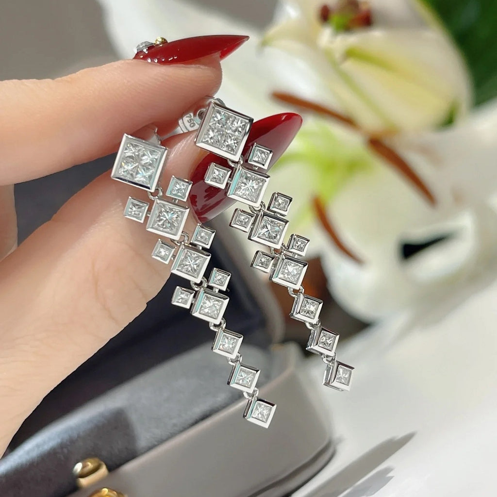 Skhek Luxury Silver Color Micro Pave Square  AAA Cubic Zirconia Earrings Long Dangle Bridal Wedding Earrings Fashion Jewelry