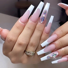 Load image into Gallery viewer, SKHEK Halloween 24Pcs Long Coffin Wearable Fake Nails Pink French Tower Drill Elf Gemstone Full Cover Nail Tips Set Press On Nails