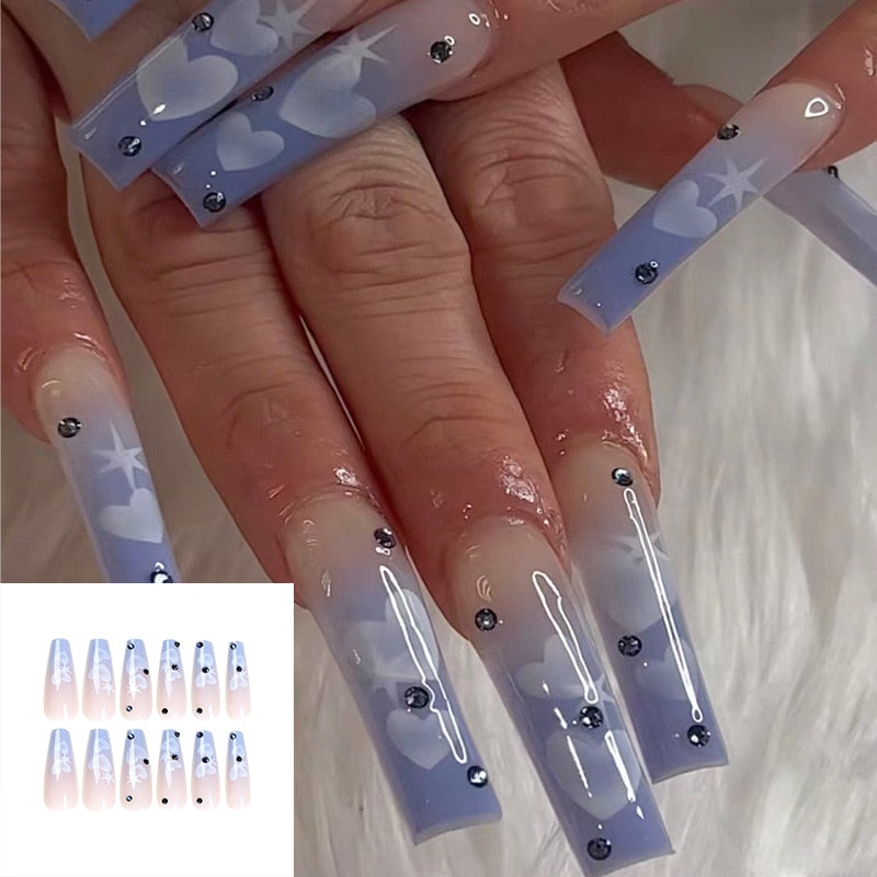 SKHEK Halloween White Long French Water Drop Fake Nails Piece With Diamond Pink Nude Press On Nail Art Wearable Faux Ongles  DIY Manicure Tools