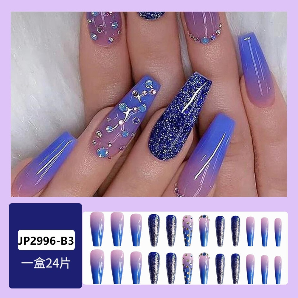 SKHEK Long Coffin Wearable Ballerina Fake Nails French Blue-Edged Flowers Full Cover Nail Tips Set Press On Nails DIY Manicure Tools