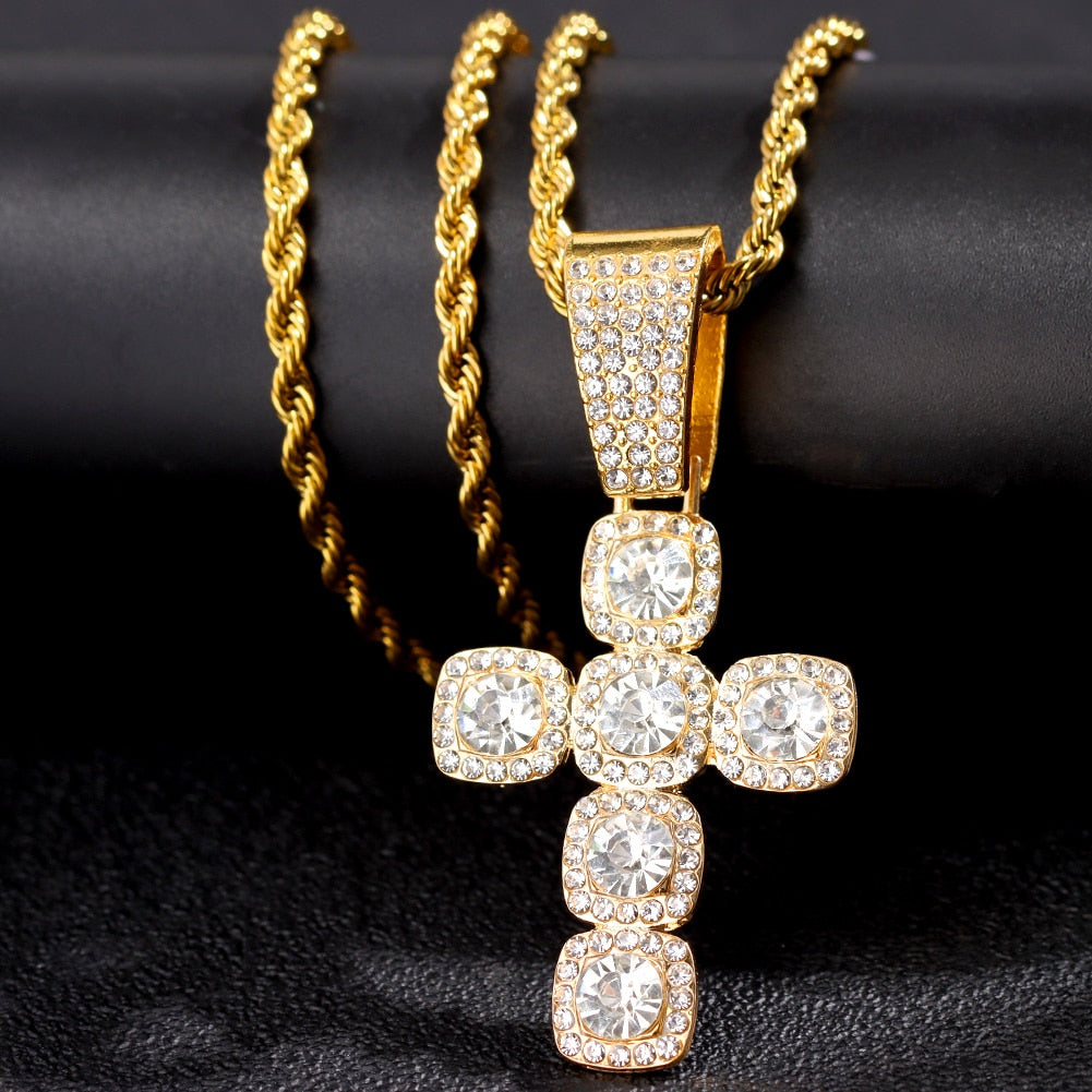 Skhek Iced Out Crystal Cross Miami Cuban Link Chain Necklace For Women Men Luxury Square Rhinestone Cross Choker Necklace Punk Jewelry