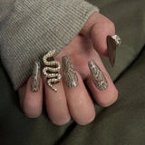 SKHEK 2022 New Detachable Manicure Wearable Medusa Long T Brown Snake Pattern Press On Nails French Temperament Fake Nails 24Pcs/Set