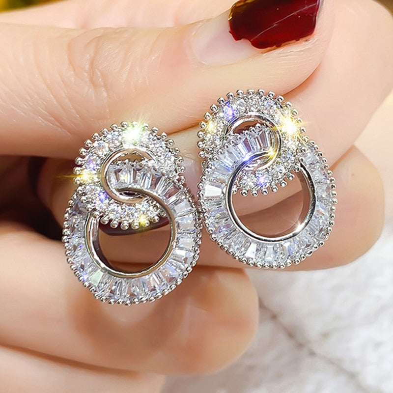 Skhek Luxury Shinny Full Paved Cubic Zircon Stud Earring for Women Wedding Circle Earings Fashion Jewelry Drop Shipping