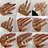 Skhek Vintage Gold Color Butterfly Heart Rings Set For Women Boho Geometric Gemstone Pearl Open Rings Set 2023 Trendy Jewelry Gift