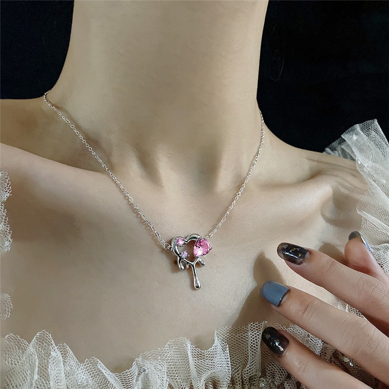 SKHEK Kpop Vintage Goth Y2K Heart Pendant Choker Clavicle Chain Necklace For Women Egirl EMO Punk Grunge Collares Aesthetic Jewelry