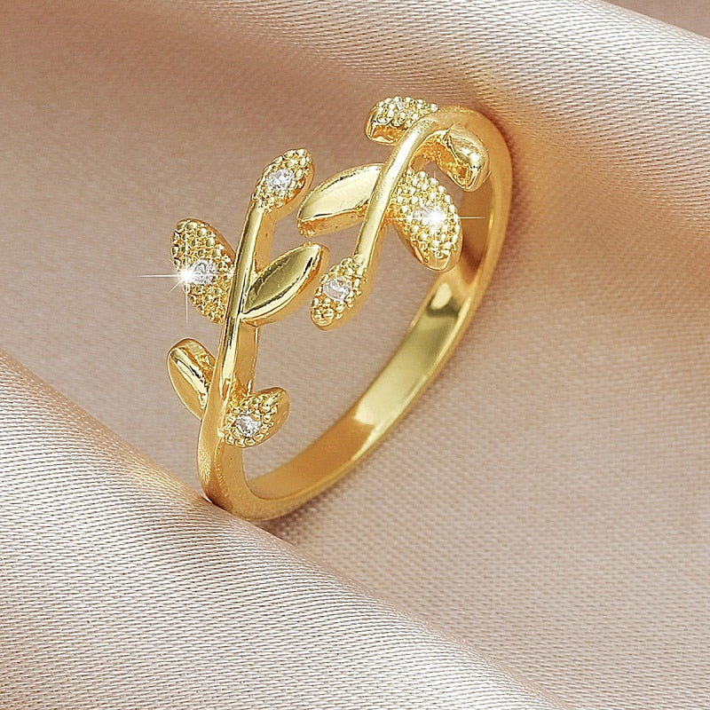 Skhek   New Trendy Silver Color Sweet Romantic Zircon Open Branch Small Leaf Adjustable Ring for Women Korean Wedding Party Jewelry