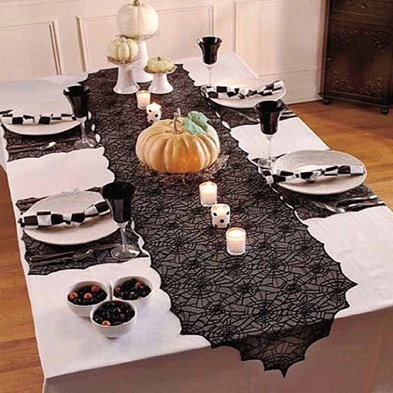 SKHEK Halloween Halloween Bat Table Runner Black Spider Web Lace Tablecloth Fireplace Curtain For Halloween Party Home Decoration Horror Props