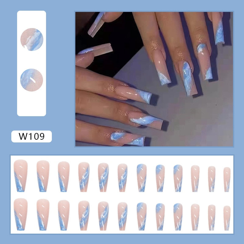 SKHEK Halloween Blue And White Color Matching Sky Color Wearable Nails Tips Waterproof Fake Nails Set Press On Nails DIY Manicure Tools 2022