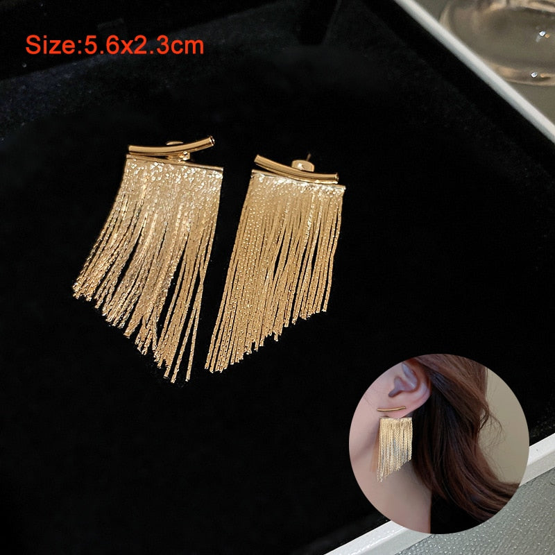 Skhek Korean Fashion Gold/silver Color Arc Bar Long Thread Tassel Earrings For Women Wedding Daily Jewelry Hanging Pendientes Gifts