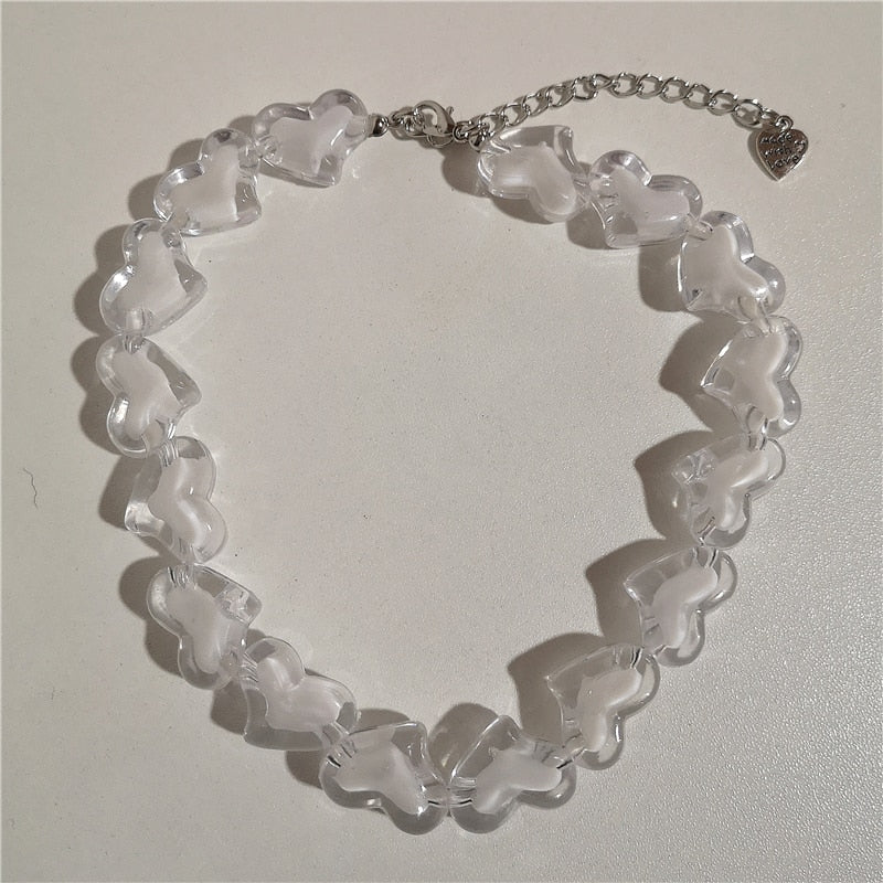 SKHEK 2022 Kpop Y2k Goth Harajuku Acrylic Cute Peach Heart Beaded Neck Choker Necklace For Women Girlfriend Bff Gift Halloween Jewelry