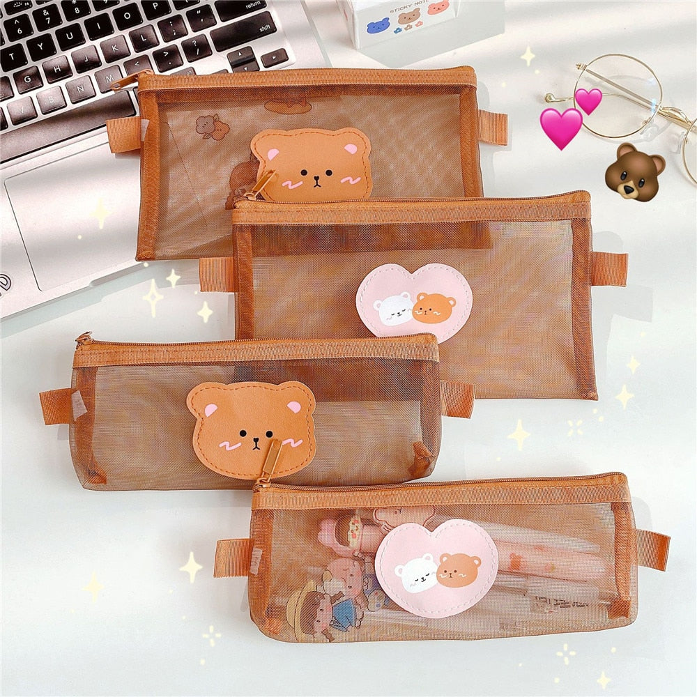 Skhek Back to School Cute Bear Transparent Mesh Pencil Case Ins Portable Toiletry Makeup Pencil Bag Stationery Gift School Pencil Box Crafts Supplies