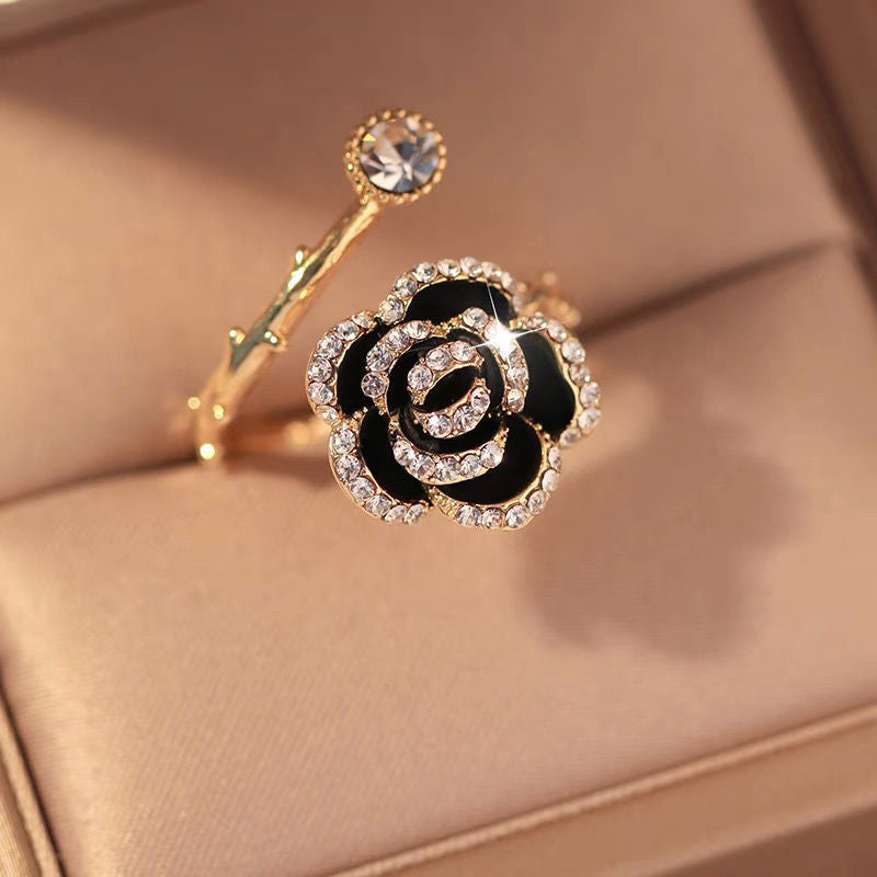 Skhek  fashion inspo   Korean Black Rose Shaped Metal Opening Rings for Woman Girls Fashion Luxury Zircon Adjustable Index Finger Rings Jewelry Party