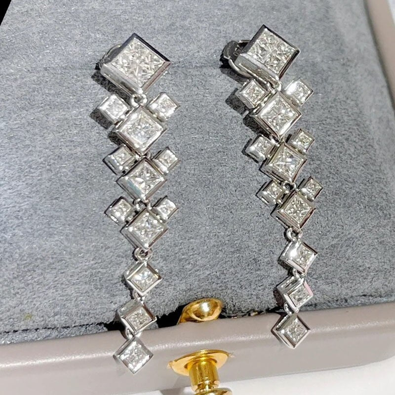 Skhek Luxury Silver Color Micro Pave Square  AAA Cubic Zirconia Earrings Long Dangle Bridal Wedding Earrings Fashion Jewelry