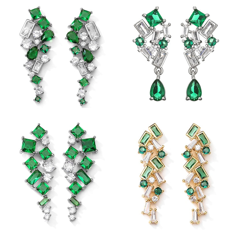 Skhek Green Zircon Series Drop Earrings for Women Girls Leaf CZ Crystal Pendant Wedding Party Earring Fashion Jewelry Wholesale