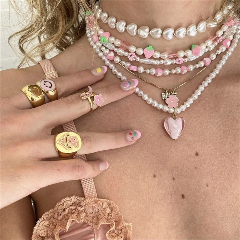 SKHEK New Korean Fashion Harajuku Cute Y2K Pink Pearl Peach Heart Necklace For Female Girl Bff Party EMO Grunge Jewelry Accessory