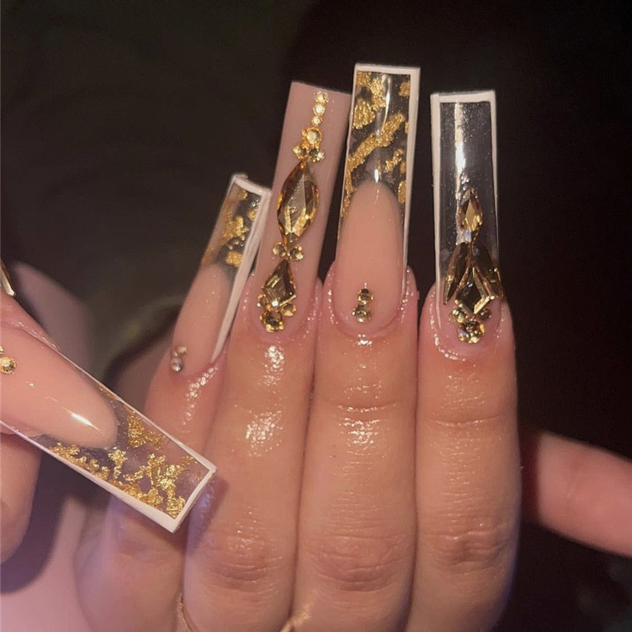 SKHEK Halloween Long Coffin Wearable Ballerina Fake Nails Luxury Gold Tower Diamond Nude Gold Glitter Full Cover Nail Tips Set Press On Nails