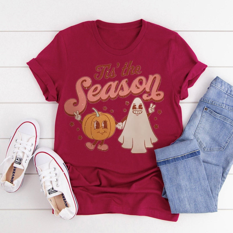 SKHEK Cute Fall Graphic Tee Women's Halloween Cute Ghost Spooky Season Shirt, Trick Or Treat Costume 100% Cotton Unisex