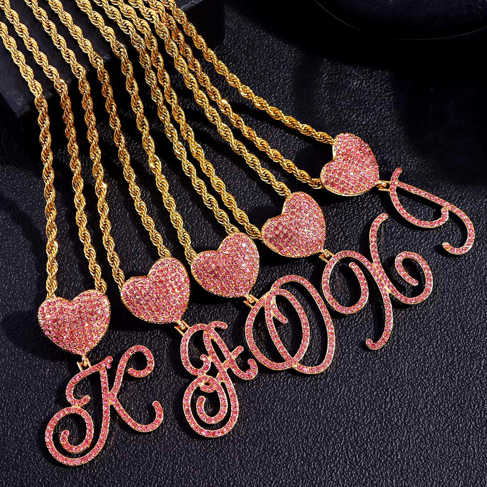 Skhek Stainless Steel Rope Chain Cursive Letter Crystal Charm Necklace For Women Bling Pink Rhinestone Initial Choker Necklace Jewelry