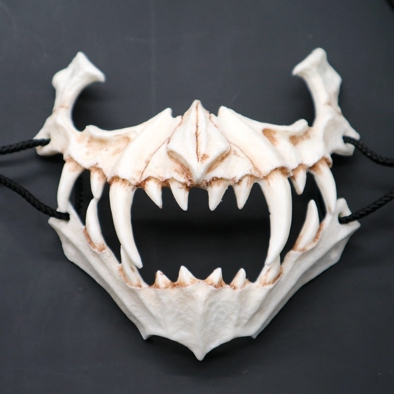 SKHEK Japanese Anime Dragon God Skeleton Half Face Mask Long Teeth Demon Samurai Halloween Cosplay Costume Prop Halloween Mask