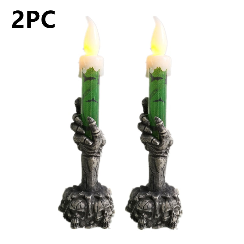 SKHEK 1/2PC Halloween LED Lights Horror Skull Ghost Holding Candle Halloween Decoration For Home Haunted House Ornaments Party Decor