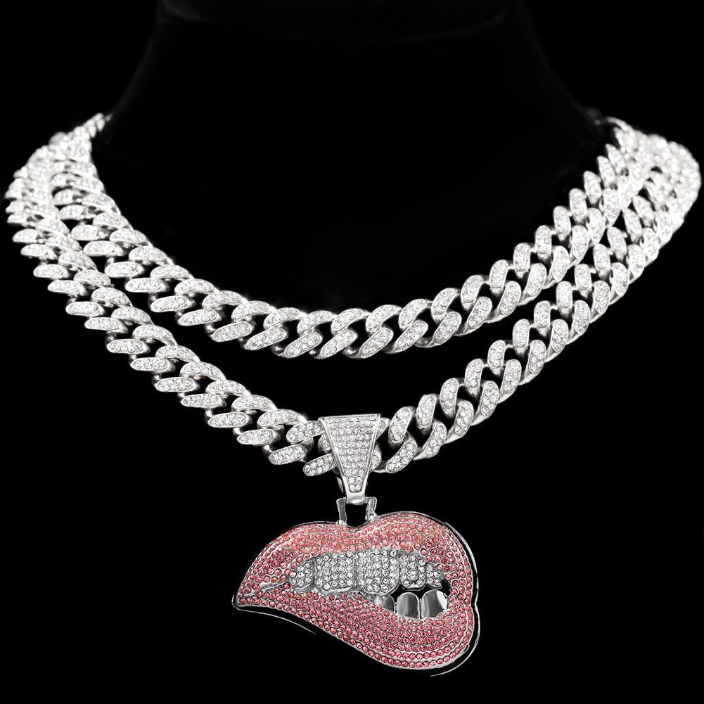 Skhek Hip Hop Bite Lip Shape Full Rhinestones Cuban Chain Necklace For Men Women Iced Out Zircon Tennis Chain Necklace Punk Jewelry