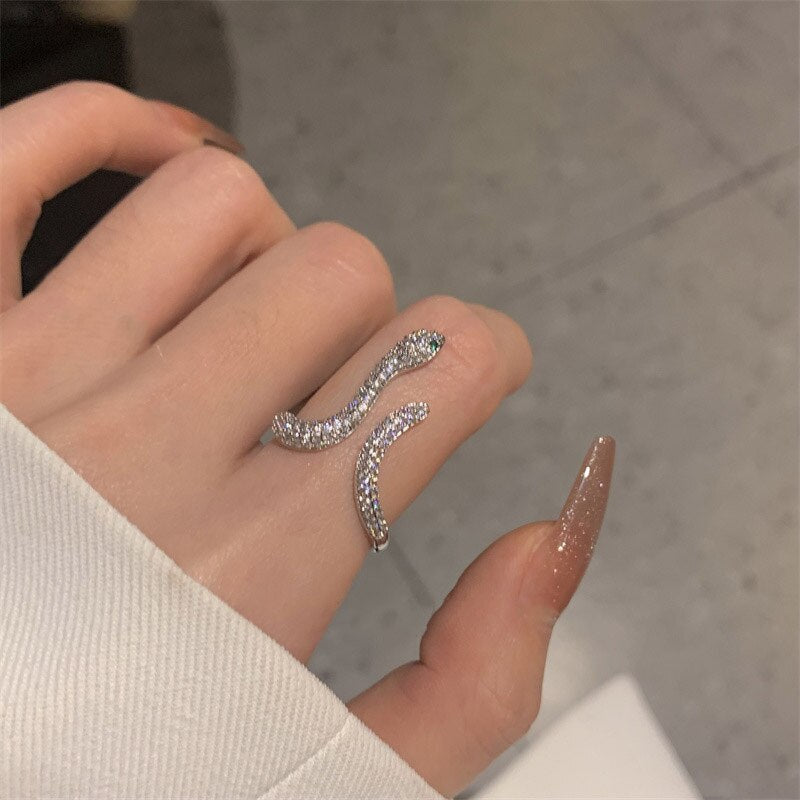 Skhek    Vintage Punk Snake Shape Ring for Men Women Korean Elegant Opening Adjustable Crystal Rings Weddings Party Jewelry