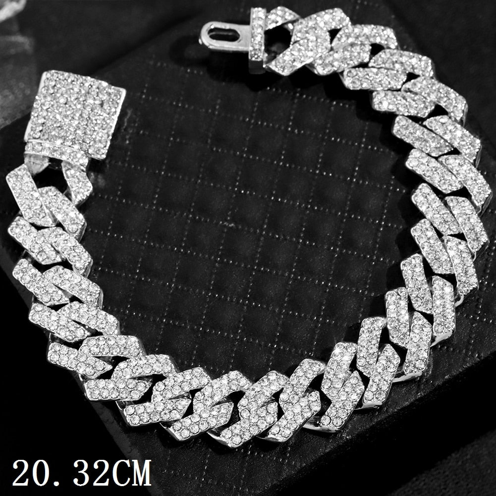 SKHEK Fashion Bling Paved Rhinestone Prong Cuban Chain Bracelet For Women Men Hip Hop Iced Out Chunky Link Chain Bracelets New Jewelry