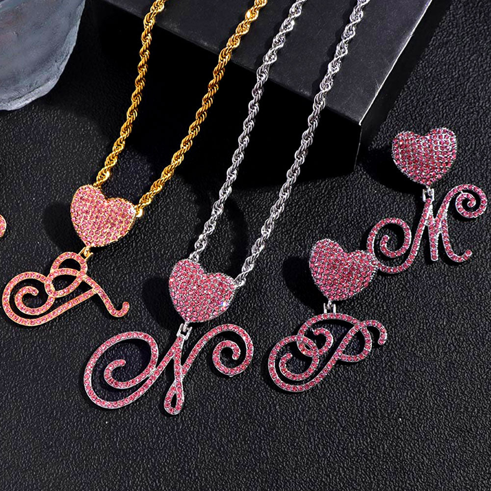 Skhek Stainless Steel Rope Chain Cursive Letter Crystal Charm Necklace For Women Bling Pink Rhinestone Initial Choker Necklace Jewelry