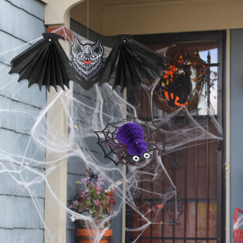 SKHEK Pumpkin Spider Bat Paper Honeycomb Hanging Lantern Ornaments Halloween Party Decoration For Home Indoor Outdoor Kids Gift Toy