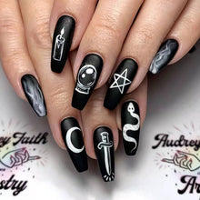 Load image into Gallery viewer, SKHEK Halloween 24Pcs Wearable Coffin Black Tower Diamond Armor French Press On Nails Long Ballet Nail Stick Fake Nail Tips Full Cover Acrylic