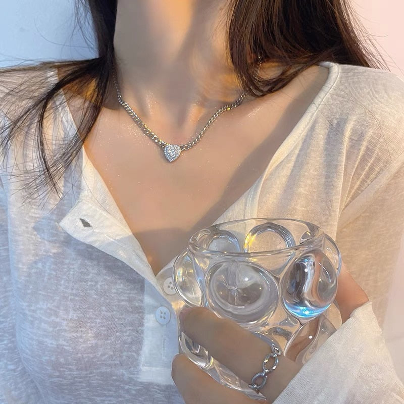 SKHEK Kpop Vintage Hollow Chain Pink Crystal Heart Pendant Charm Choker Necklaces For Women Trend Statement Korean Aesthetic Jewelry