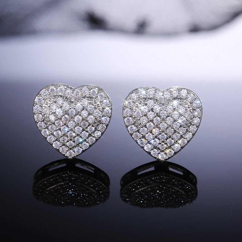 Skhek Luxury Heart Zircon Crystal Stud Earrings for Women Mirco Pave CZ Female Accessories Band Wedding Statement Jewelry