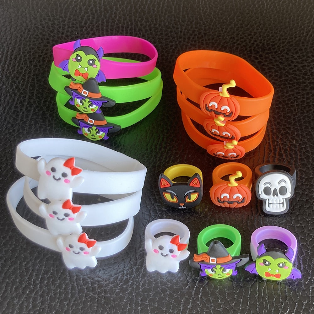 SKHEK 6Psc Halloween Party For Kids Ring Bracelet Wristband Decoration Animal  Silicone Candy Color Pumpkin Cat Skull Witch Ghost Bat