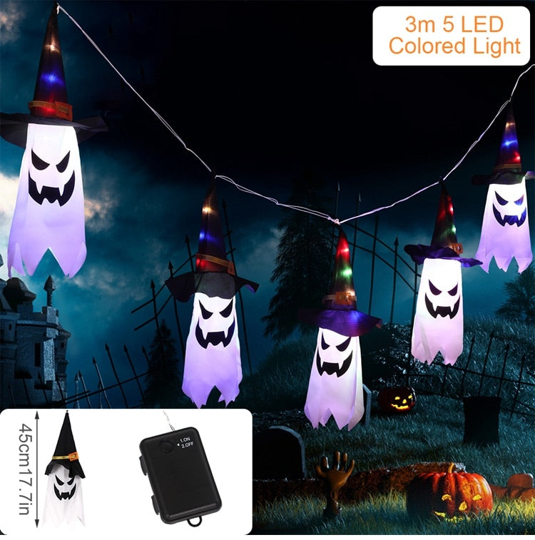 SKHEK Halloween LED Flashing Light Ghost Halloween Decorations For Home Glowing Wizard Hat Lamp Horror Party Supplies Kids Gift