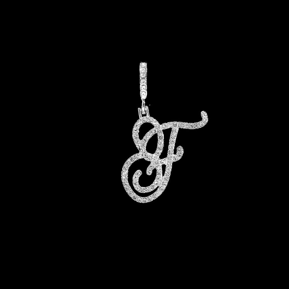 SKHEK Fashion 26 Cursive Initial Letter Zircon Pendant Necklace For Women Shiny Crystal Alphabet Rope Chain Necklace Hip Hop Jewelry