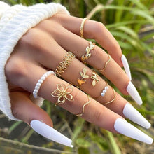 Load image into Gallery viewer, Skhek Boho Pink Butterfly Heart Wave Ring Set For Women Vintage Metal Gold Color Rhinestone Finger Rings 8Pcs/Set Party Jewelry Gifts