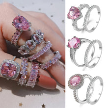 Load image into Gallery viewer, Skhek Delicate Silver Color Pink Zircon Stones Heart Rings for Women Fashion Bridal Engagement Wedding Ring Set Heart Jewelry Gift