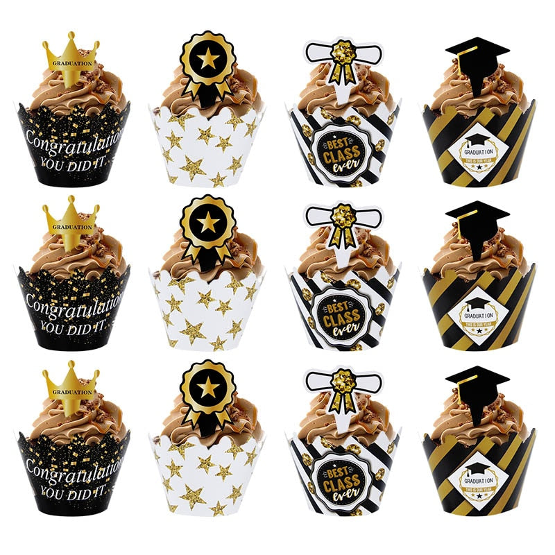Skhek Graduation Party 24pcs/set Graduation Party Cupcake Wrappers with Cake Topper Congratulation College Grad Party Decoration Supplies Class of 2022