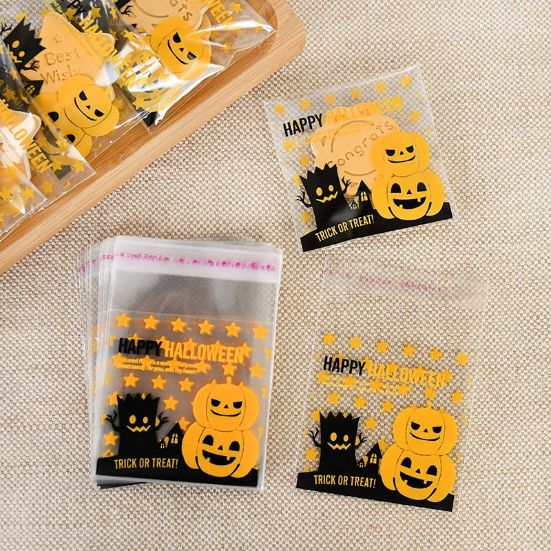 SKHEK 50/100Pcs Halloween Plasti Candy Cookie Bag Trick Or Treat Kids Gift Biscuit Snack Baking Package Bag Happy Halloween Decoration