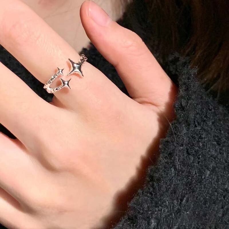 Skhek  fashion inspo    New Korean Silver Color Four Pointed Star Rings for Women Simple Zircon Cross Opening Adjustable Finger Rings Jewelry Party