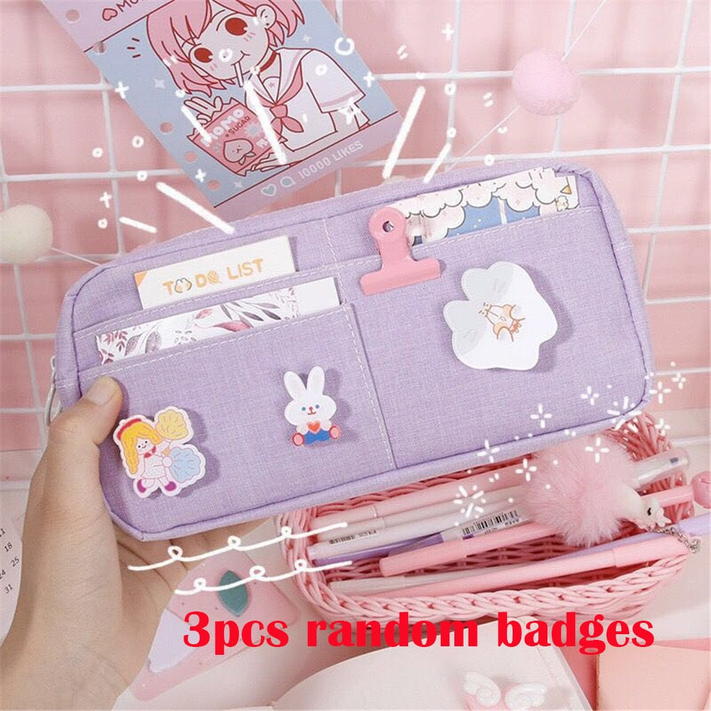 Skhek Back to School Kawaii Pencil Case Candy Color Pencil Bag With Badges Large Capacity Pen Case Canvas Stationery Holder Organizer Back To School