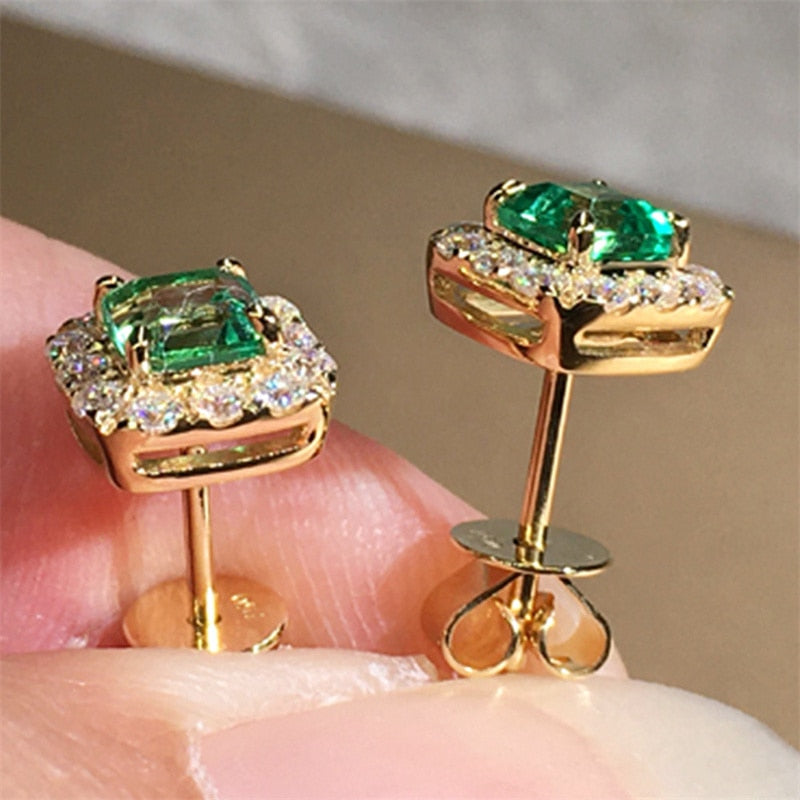 Skhek Classic Green Cubic Zirconia Stud Earrings Square Crystal Girl Ear Studs For Women  Wedding Party Earring Fashion Jewelry Gifts