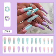 Load image into Gallery viewer, SKHEK Halloween 24Pcs Blue And Black Hydrangea Diamond Long T Fake Nails Set Press On Nails With Press Glue Full Cover Acrylic Nail Tips
